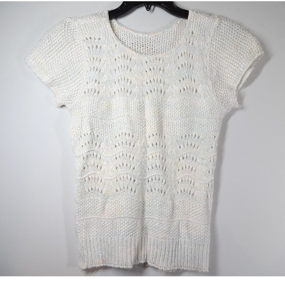 VTG Cotton Knit Shirt Women Small White Pointelle Short Sleeve Retro Cottagecore